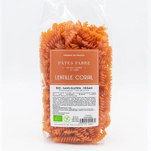 Pasta në formë spiraleje me thjerrëza të kuqe BIO